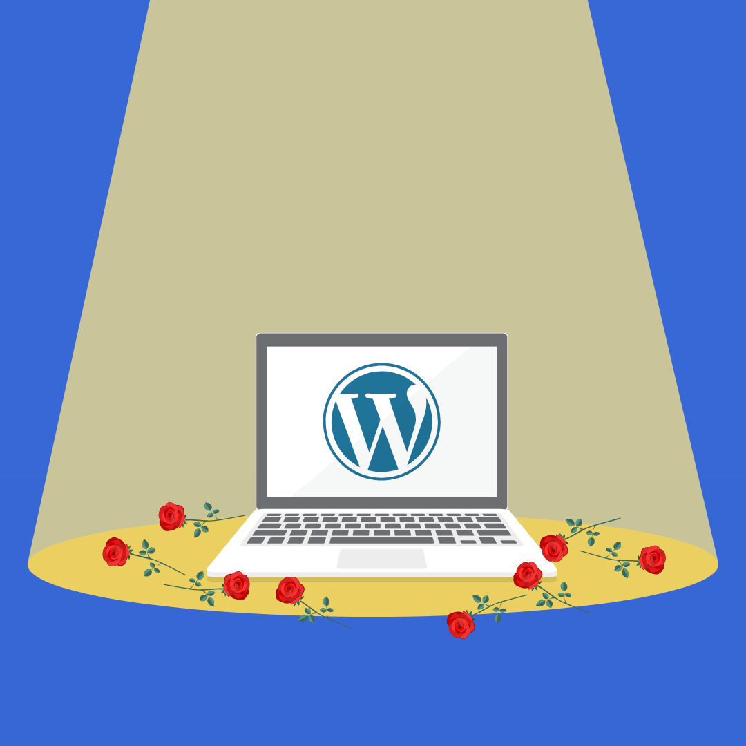 an open computer with the wordpress logo is ona stage with a spotlight around it and roses on the floor.