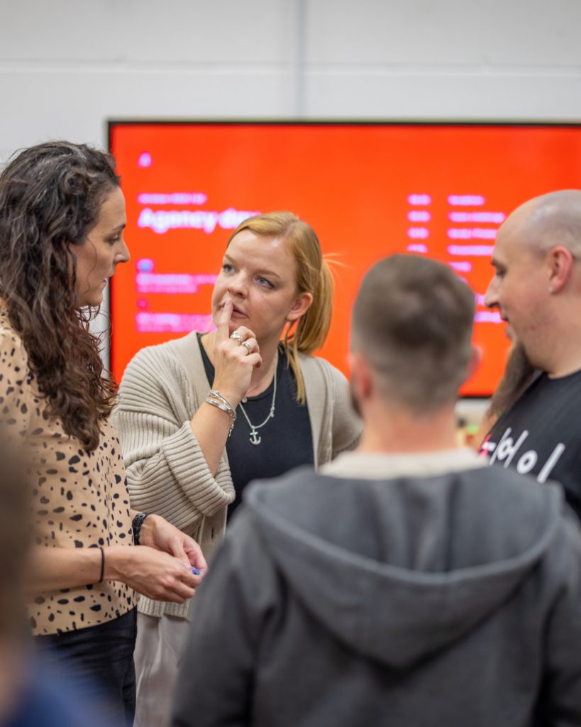 sam thinking about who our new project coordinator could be whilst chatting with lisa, dan and liam